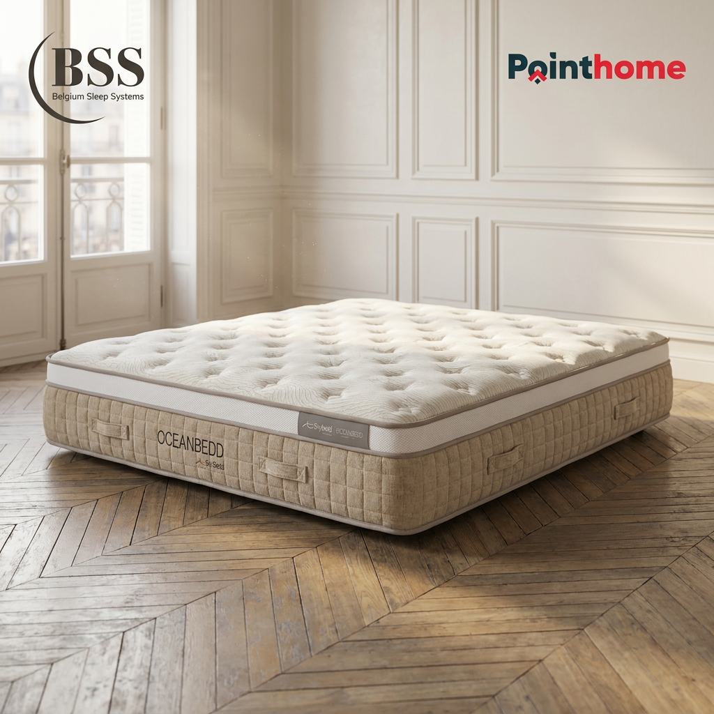 Matelas BSS Oceanbedd posé sur un parquet en point de Hongrie