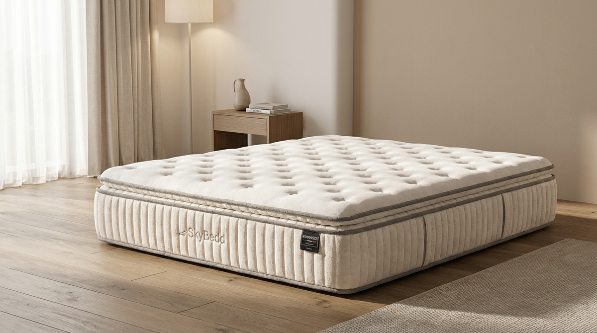 Matelas BSS Bohembedd posé sur un sommier dans une chambre lumineuse