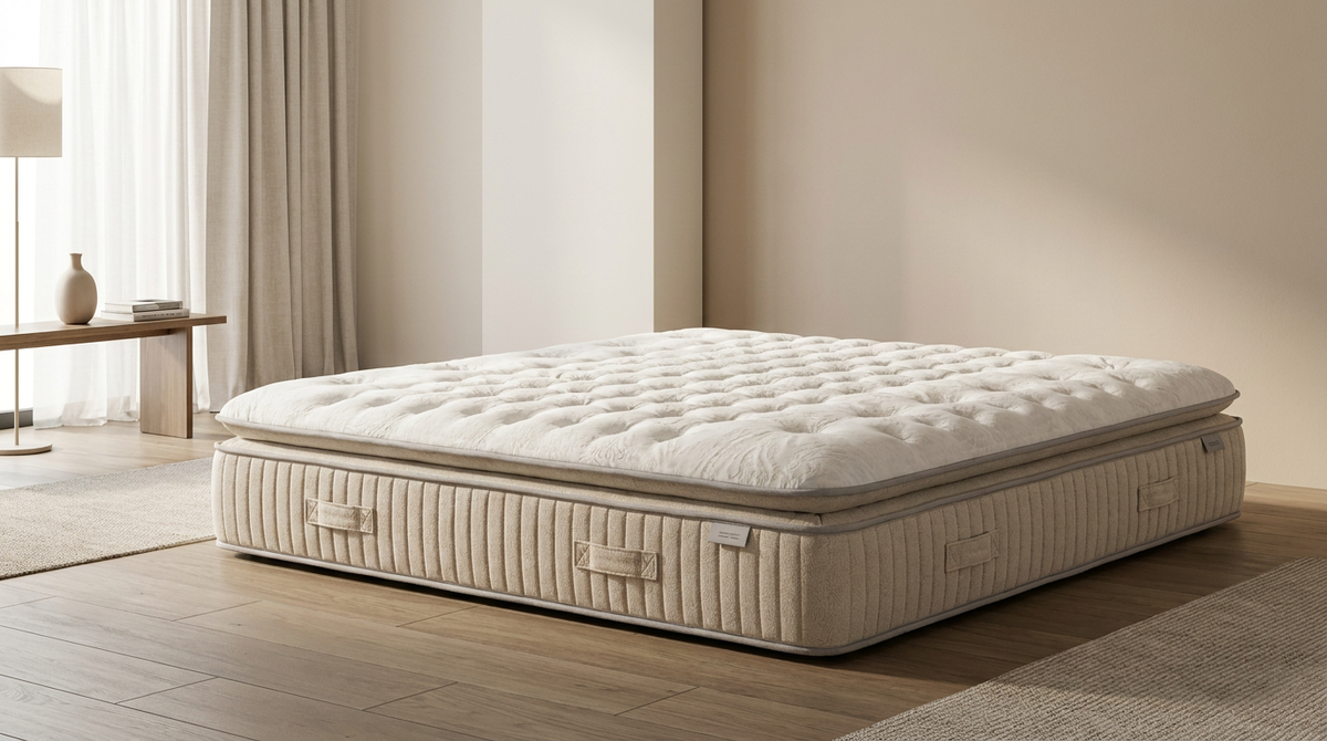 Matelas BSS Shinbedd posé sur un sommier dans une chambre claire