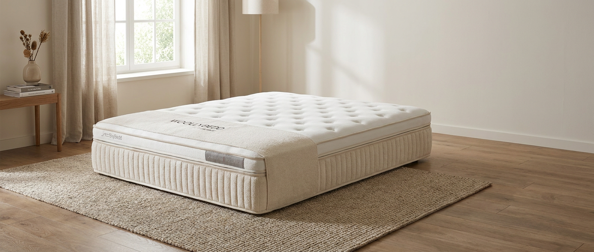 Matelas BSS Woollybedd posé au sol dans une pièce claire