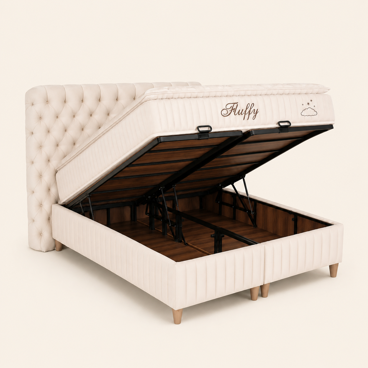 Sommier coffre BSS Fluffy ouvert avec rangement en bois