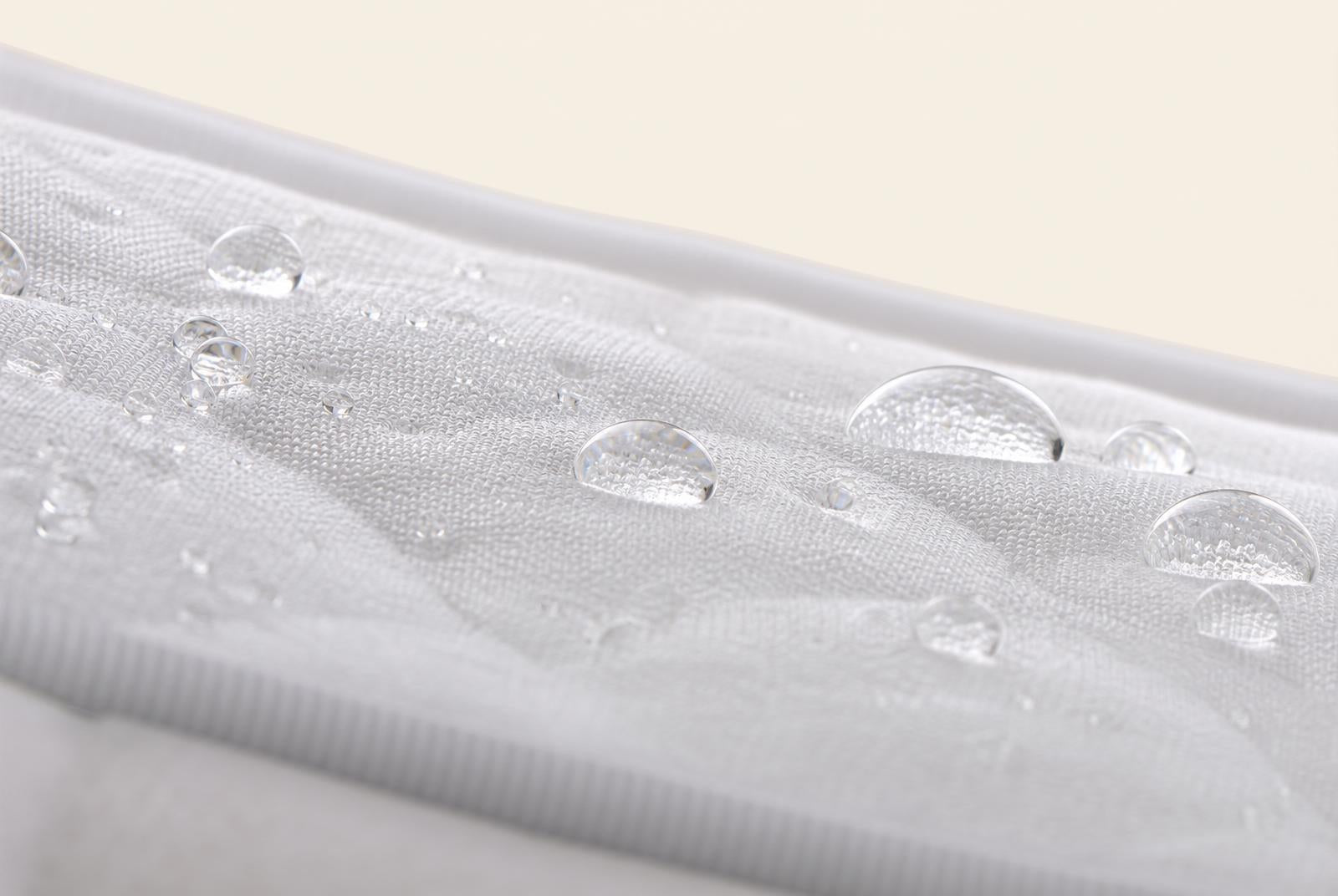 Gouttes d'eau perlant sur le tissu déperlant du set Mogy