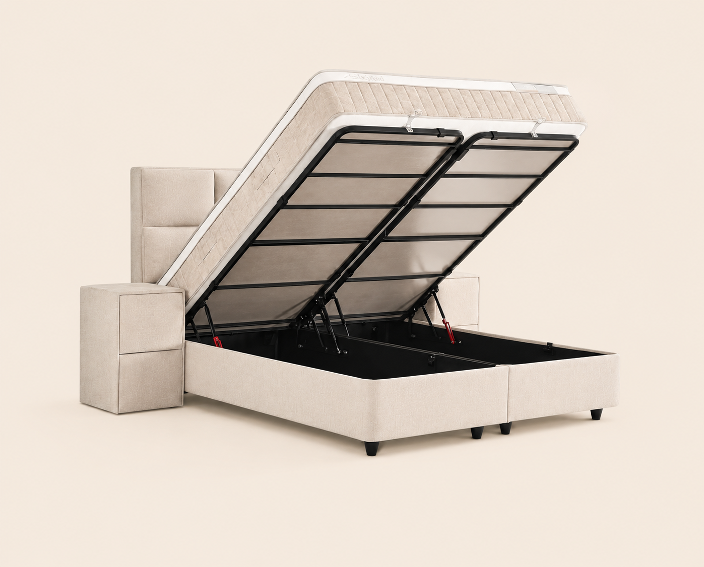 Sommier coffre Oceanbedd ouvert avec table de chevet assortie