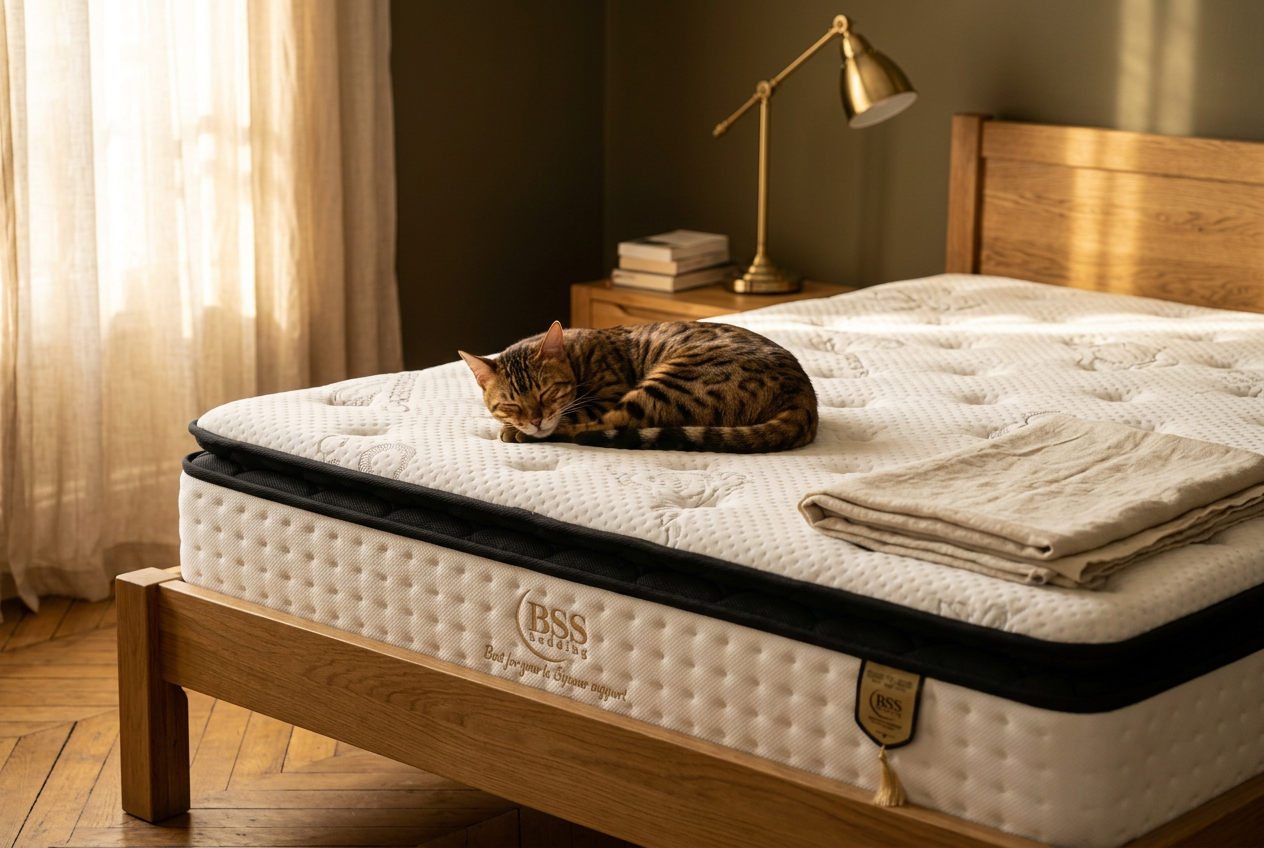 Chat endormi sur un matelas BSS Paris dans une chambre chaleureuse