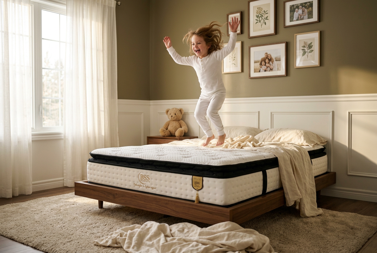 Enfant sautant sur un matelas BSS Paris – résistance et confort