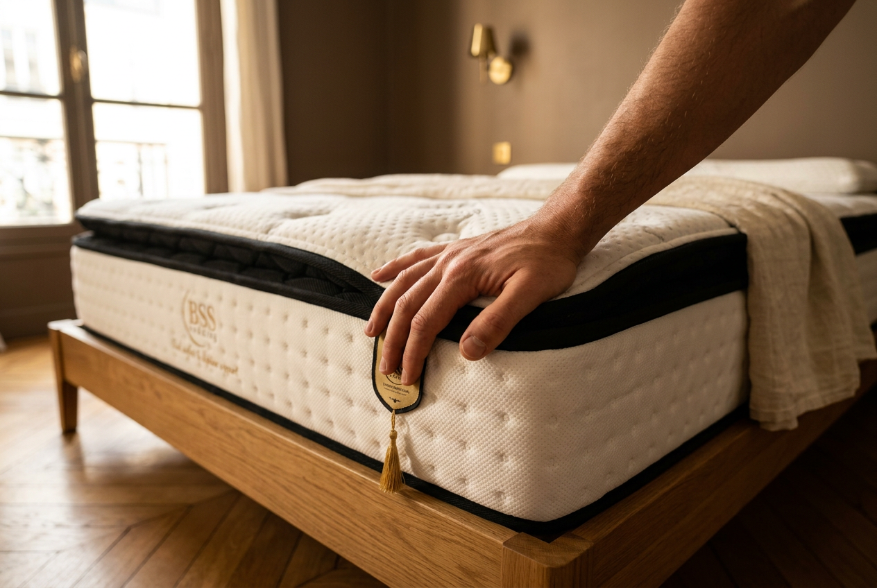 Main testant la fermeté du matelas BSS Paris